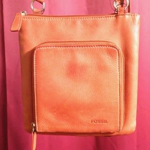 Fossil Caramel Brown Leather Front Zip Pocket Small Crossbody
